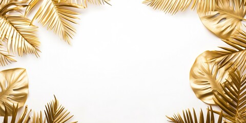Golden painted tropical date palm and monstera leaves on plain white background isolated. Creative botanical layout border frame. Chic wedding invitation card mockup. Empty space, room : Generative AI