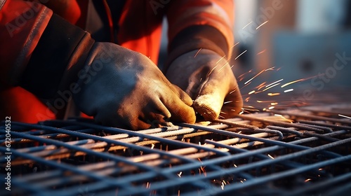 A worker uses steel tying wire to fasten steel rods to reinforcement bars. Close-up. Reinforced concrete structures - knitting of a metal reinforcing cage : Generative AI