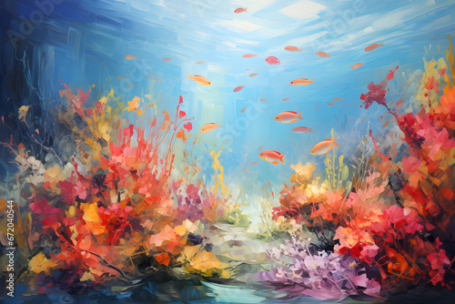 colourful impressionist painting of the underwater ocean reef landscape  a picturesque natural environment in bright colours