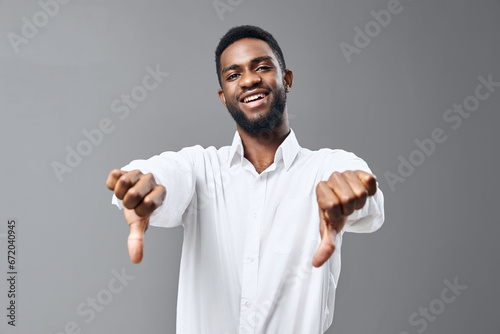 man smile shirt white african happy space studio masculine standing american copy young