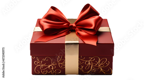 Red gift box or red present box with red ribbons and bow isolated on white background, transparent background, png © Ekaterina
