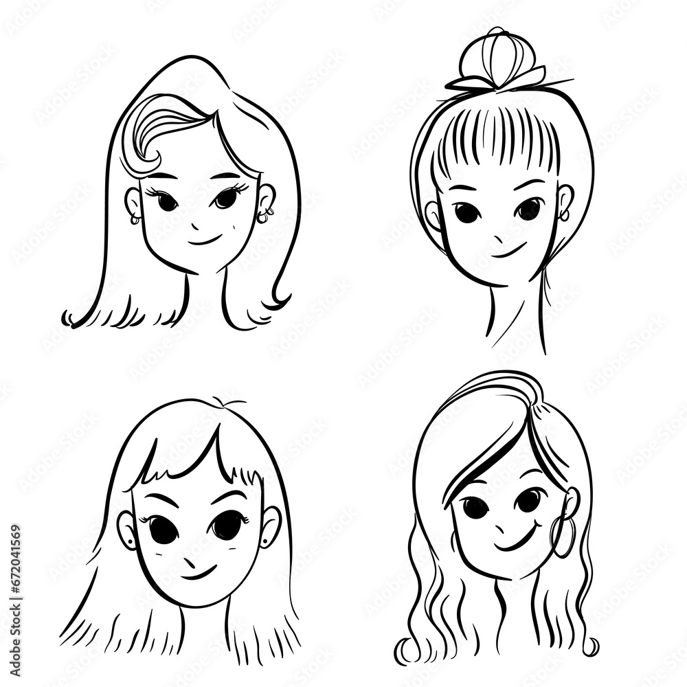 Woman hairstyle jpg by hand drawn .Set of different hairstyles and look. Working woman style, short hair, cute. Black and white. Head portion. element in beauty content. Face chart make up. Woman hairstyle jpg by hand drawn .Set of different hairstyles and look. Working woman style, short hair, cute. Black and white. Head portion. element in beauty content. Face chart make up.