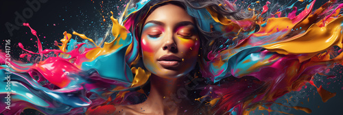 Banner format featuring the face of an Afro American woman with eyes closed, surrounded by vibrant color splashes enhancing her expressive features. photo