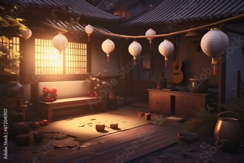 anime-inspired art style  japanese house glows warmly on a tranquil evening  with traditional Asian lofi architectural elements