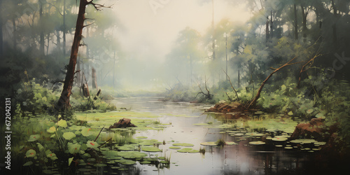 painting of the swamp landscape  a picturesque natural environment in harmonious colours