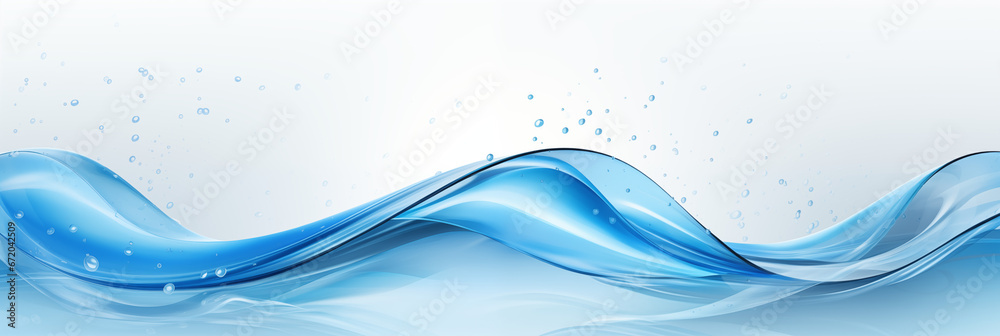 Horizontal water banner with wave effect, 3:1 resolution, blue color, water drops, space for text