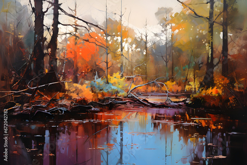 colourful impressionist painting of the swamp landscape, a picturesque natural environment in harmonious colours