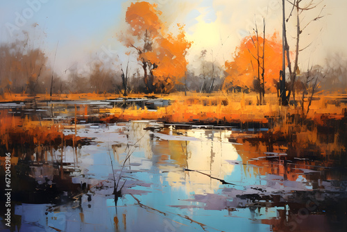 colourful impressionist painting of the swamp landscape, a picturesque natural environment in harmonious colours