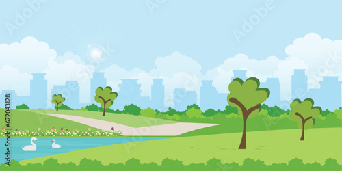 Landscape or green garden on city view background.