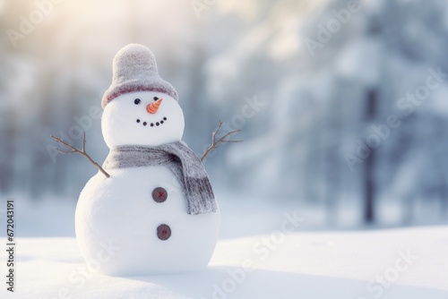 Happy snowman standing in winter landscape. Merry christmas and happy new year greeting card with copy space. Snow background. Winter fairytale. © radekcho