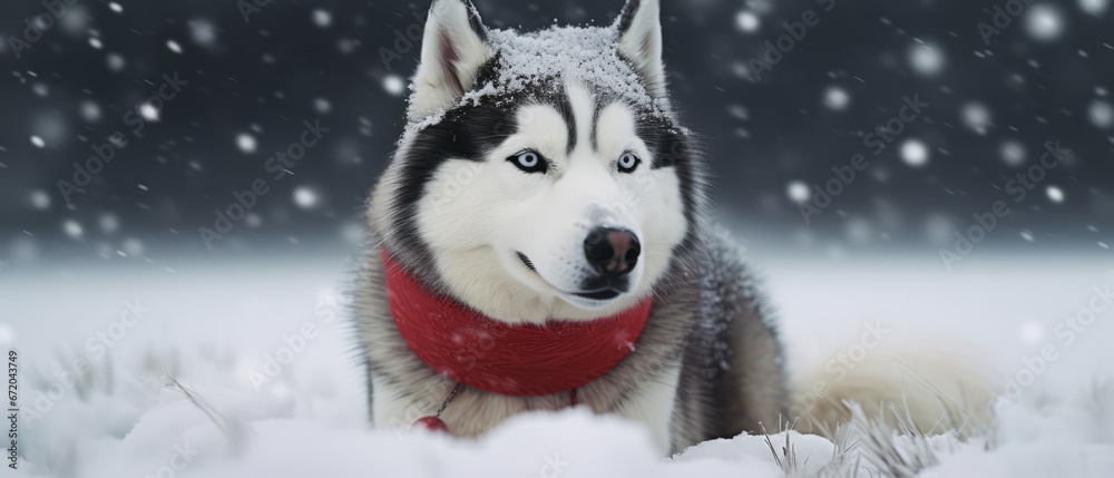 husky with santa claus hat in snow, generative ai