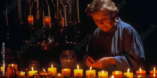 Woman alone lighting Halloween candles in a dimly lit room.