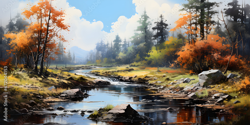 painting of the river landscape, a picturesque natural environment in harmonious colours - obrazy, fototapety, plakaty 