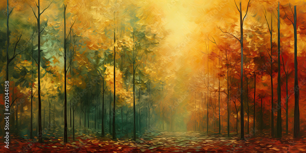 Fototapeta premium Forest woodland background backdrop wide angle trees magical mystical woodlands, generated ai