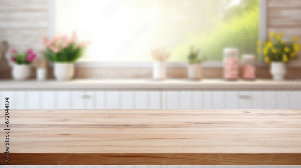 Empty Beautiful wood table top and blur bokeh modern kitchen interior background in clean and bright, Ready for product montage
