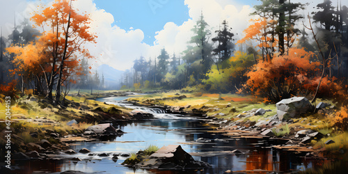 painting of the river landscape, a picturesque natural environment in harmonious colours