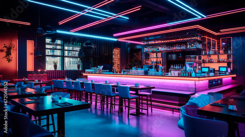 A modern spacious restaurant or nightclub with a lot of neon lights and LED strips.