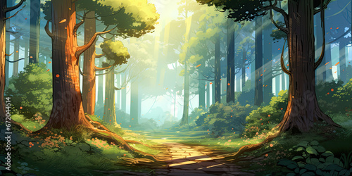 Forest woodland background backdrop wide angle trees magical mystical woodlands, generated ai