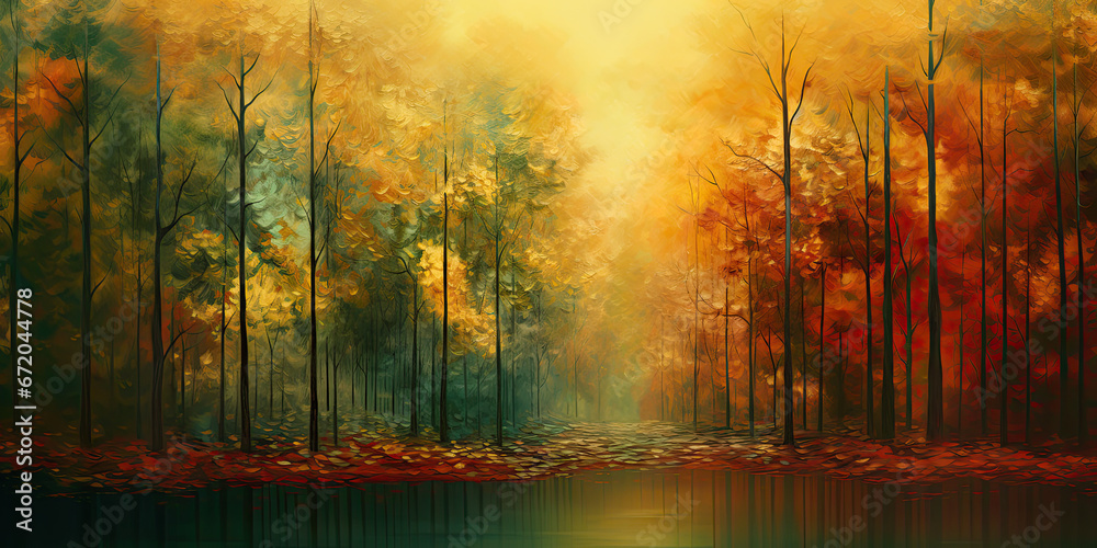 Obraz premium Forest woodland background backdrop wide angle trees magical mystical woodlands, generated ai