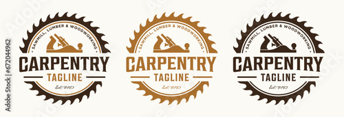 Carpentry logo design vintage  vector illustration with circular saw blade woodworking and wood planer or jack plane tools photo