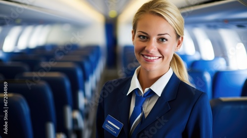Beautiful female stewardess at work on the airplane photo