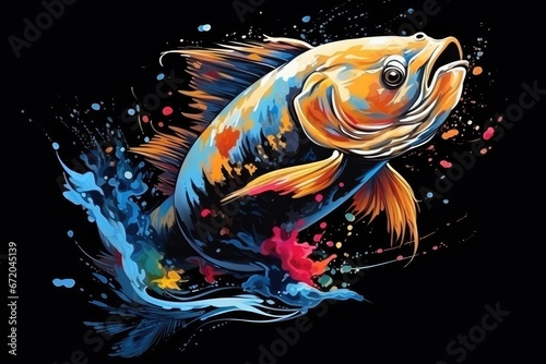 Impressive fish predatory beast color painting motif, cool t-shirt pattern for printing, Animal that hunts its prey and eats its meat. Generative AI, Isolated on black background photo