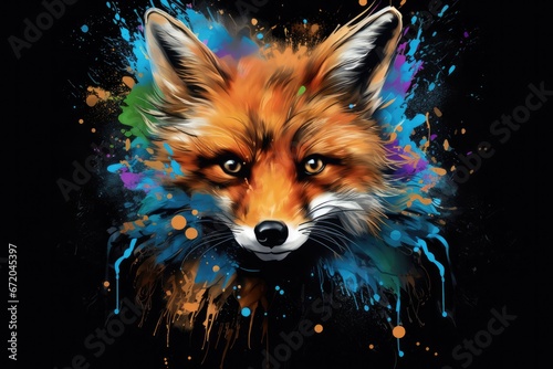 Impressive red fox predatory beast color painting motif, cool t-shirt pattern for printing, Animal that hunts its prey and eats its meat. Generative AI, Isolated on black background photo