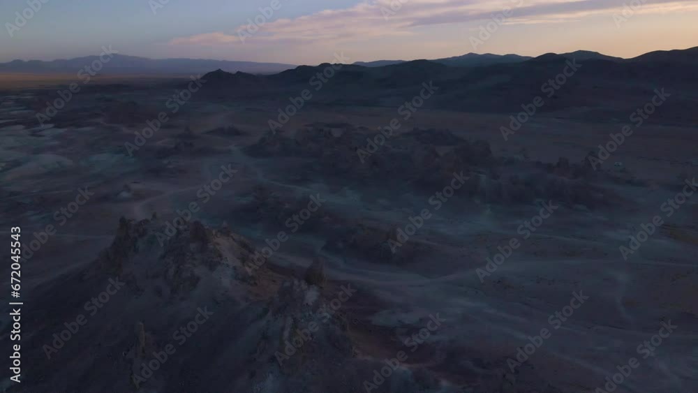 Cinematic aerial shot of rock formations in Trona Pinnacles in California, USA Cinematic aerial shot of rock formations in Trona Pinnacles in California, USA