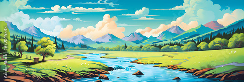 colourful cartoon style painting of the river landscape, a picturesque natural environment in bright colours © sam