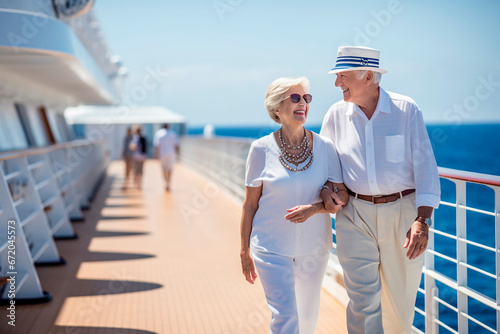 Mature couple wife and husband walking along a cruise ship deck. photo