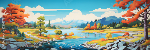 colourful cartoon style painting of the river landscape, a picturesque natural environment in bright colours