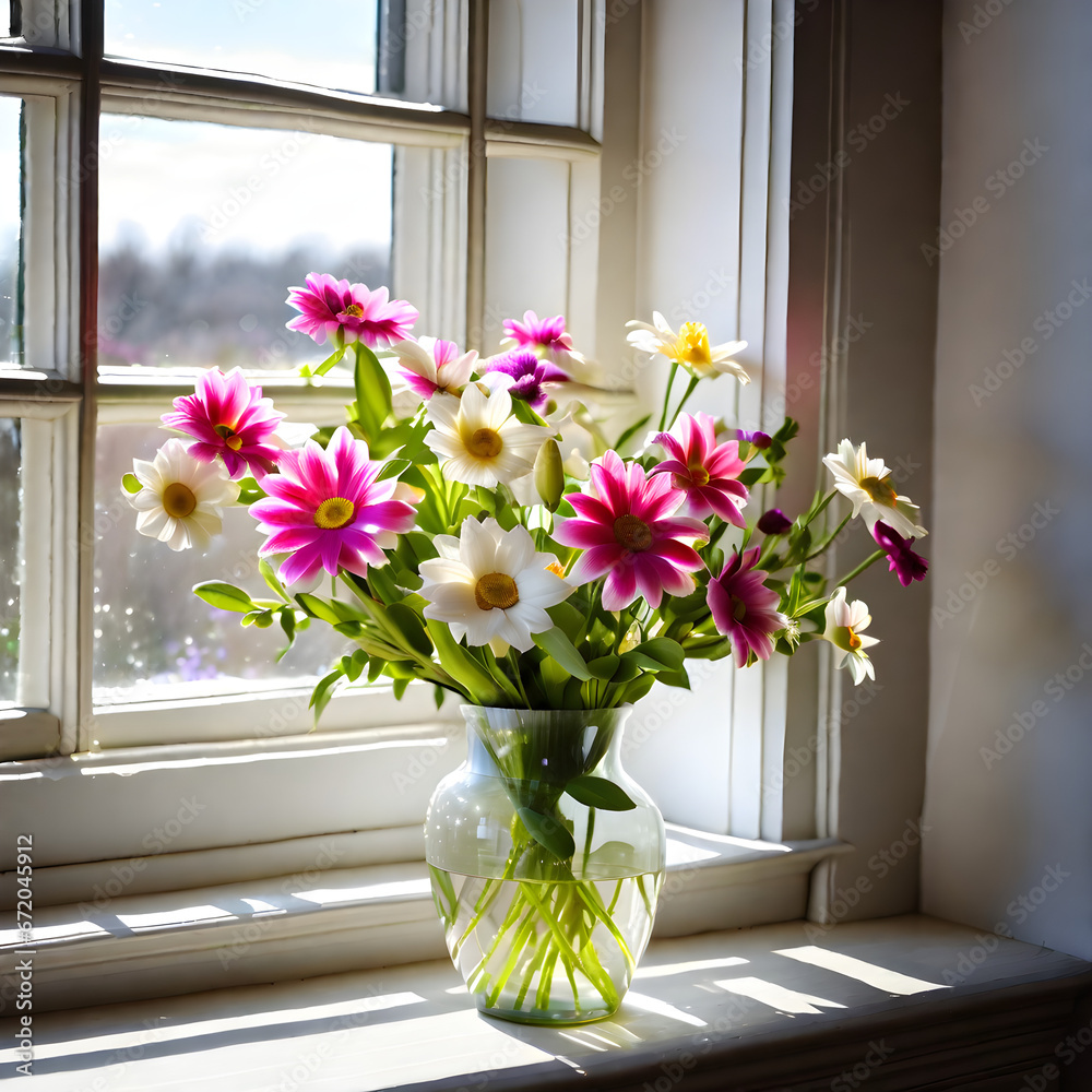Beautiful flowers in a vase by the window, illuminated by the spring sunshine.(Generative AI) Beautiful flowers in a vase by the window, illuminated by the spring sunshine.(Generative AI)