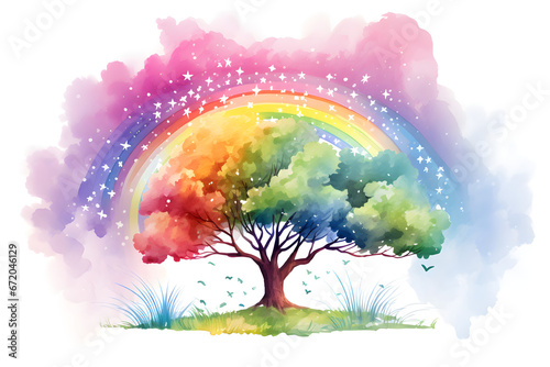 watercolour rainbow tree clouds sky landscape background © sam