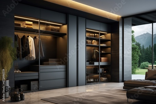 Close black modern wardrobe furniture in room with modern interior