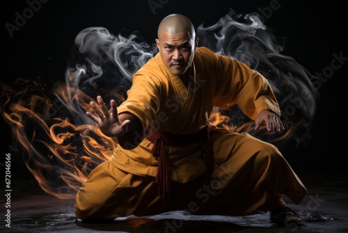 Wushu practitioner demonstrating a graceful sword form, Generative AI 