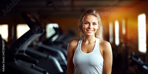 Young sporty woman doing sport in the gym center, run on treadmill . Healthy lifestyle