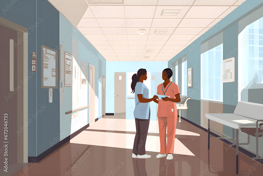 illustration of two nurses in hospital corridor discussing medical procedures and patient treatment illustration of two nurses in hospital corridor discussing medical procedures and patient treatment
