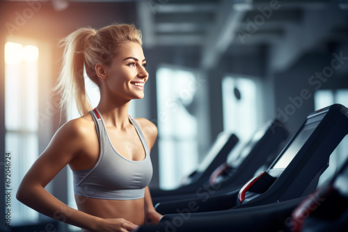 Woman doing cardio training on treadmill, working out in gym. healthy lifestyle