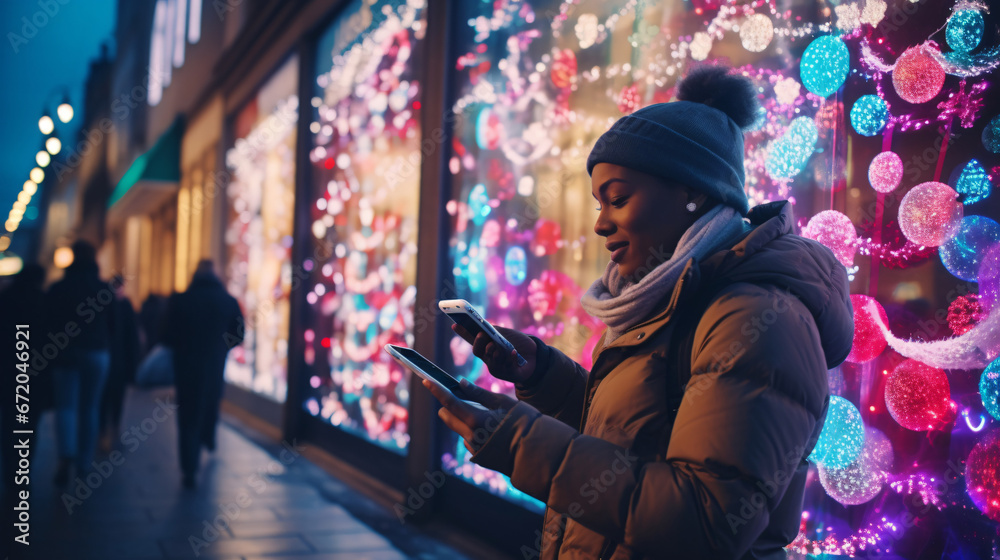 Neon light, a woman looking at her cell phone, Generative Ai