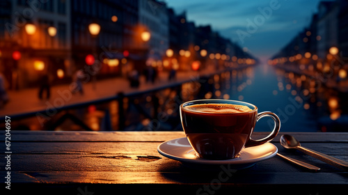 Coffee on Table in Front of Street Scene