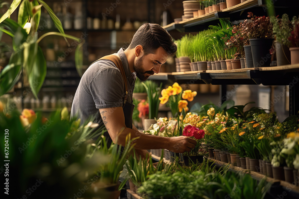 Male florist working in indoor potted plant store