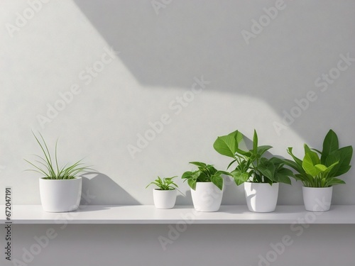 Interior wall mockup with potted green plants on the floor on a blank white wall background