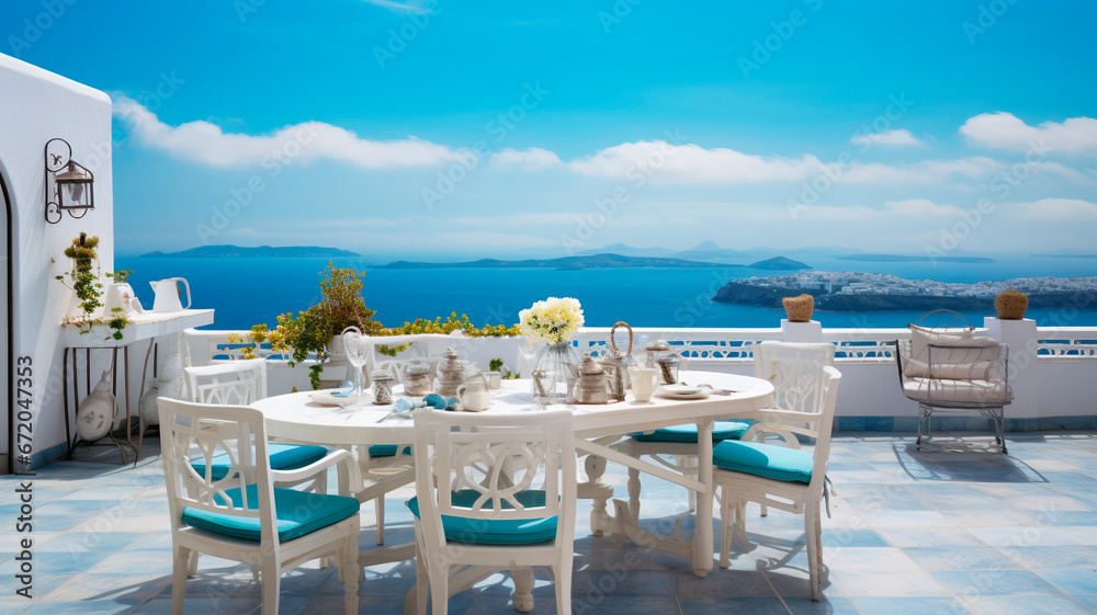 Fototapeta premium Served table in a stylish glamorous restaurant on the terrace overlooking the sea.