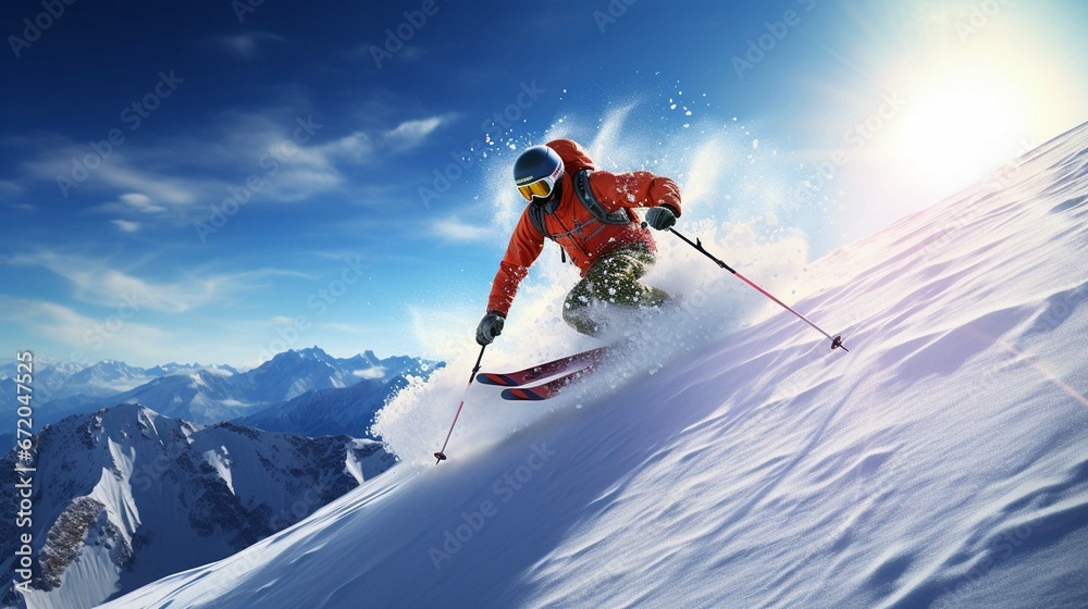 skier jumping in the snow mountains on the slope with his ski and professional equipment 