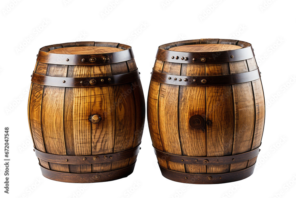 Wooden beer barrels set on isolated on transparent background ,generative ai Wooden beer barrels set on isolated on transparent background ,generative ai