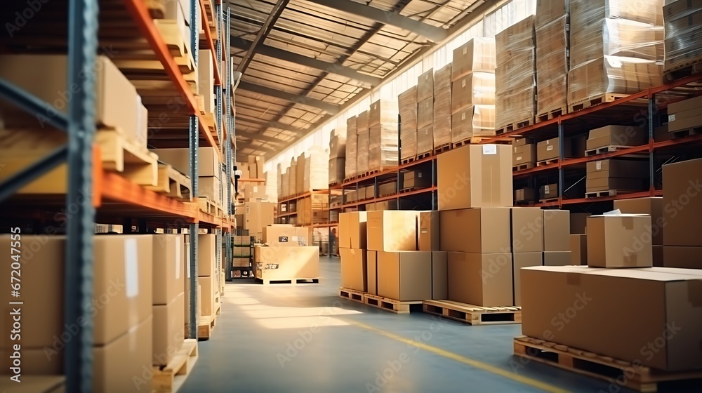 Retail Warehouse full of Shelves with Goods in Cardboard Boxes and Packages. Logistics, Sorting and Distribution Facility for Product Delivery. : Generative AI