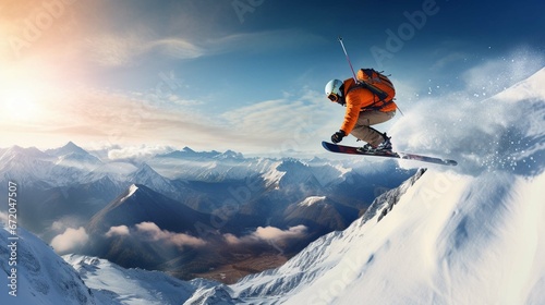 skier jumping in the snow mountains on the slope with his ski and professional equipment 