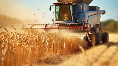 Close up view of combine harvester pouring a tractor-trailer with grain during harvesting : Generative AI