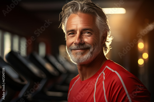 Muscular mature older athlete looking at the camera in a gym near treadmill. healthy lifestyle