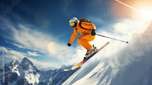 skier jumping in the snow mountains on the slope with his ski and professional equipment  © Ahtesham